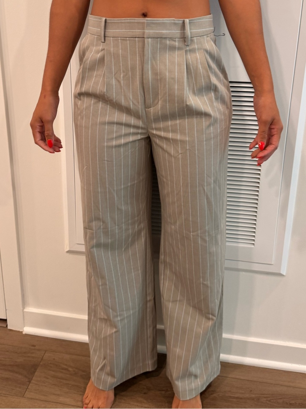 LOFT Beige Pinstripe Wide-Leg Trousers